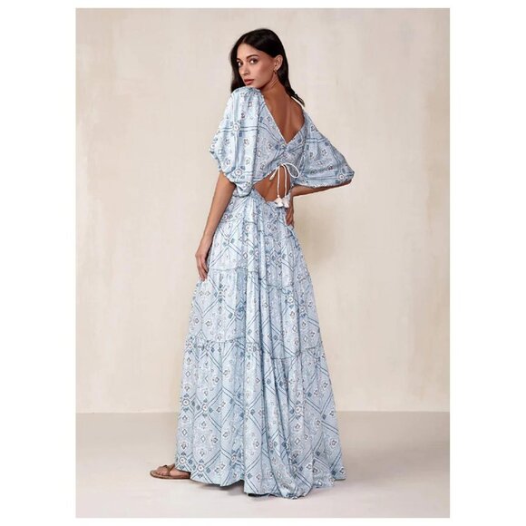 Anthropologie Omika Handmade Midi Blair Dress Puff Poof Sleeve Euro Girl Greece - Picture 13 of 15